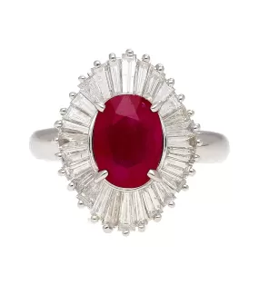 2.19 Carat Oval Cut Ruby and Baguette Diamond Halo Platinum Ballerina Ring