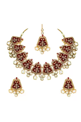 Alloy Necklace with Earrings and Maang Tikka in maroon