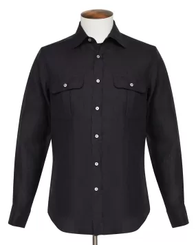 Black Linen Twill Double Pocket Overshirt