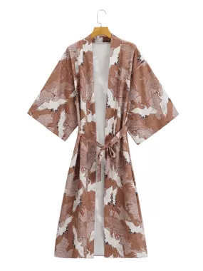 Crane Print With Birds Different Color Polyester Long Length Gown Kimono Duster Robe