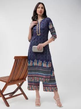 Digital Placement Printed Kurta With Lace Details And Matching Pant Set