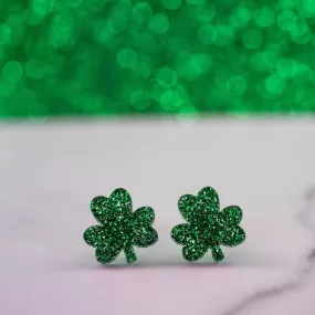 Green Glitter Shamrock Studs - St Patrick Paddy Day Earrings