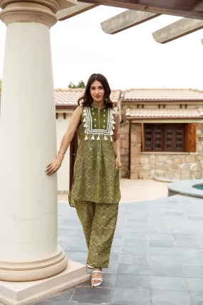 Green Zigzag Handblock Print Chanderi co-ord Set