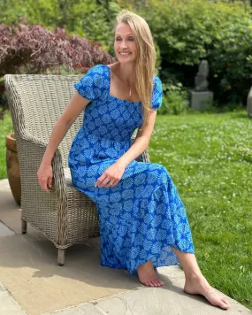 Long Ruched Bodice Print Dress - Bright Blue