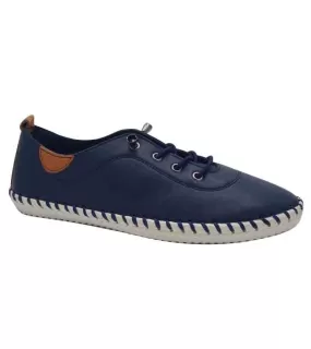 Lunar Womens Navy Leather Elasticated Lace Plimsolls St Ives - FLE030