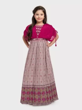 Maroon Coloured Butterfly Style Sleeves Hand Embroidery Fancy Gown For Girls