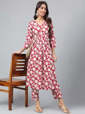 Maroon Cotton Floral Printed Co-ords Set