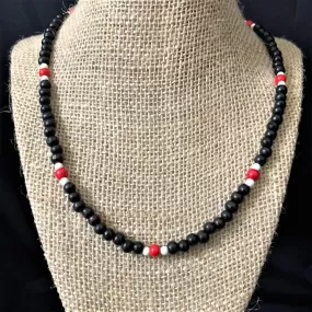 Mens Black Red and White Wood Beaded Necklace