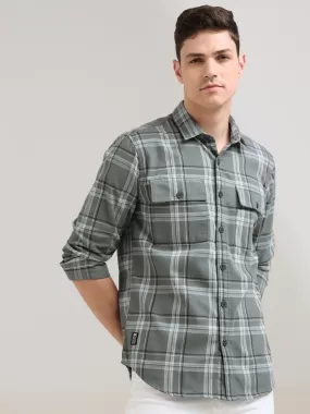 Taupe green off-white casual check shirt