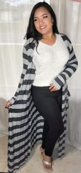 Women's Plus-size Cardigan | Long Sleeves Grey Charcoal Stripes with Pockets